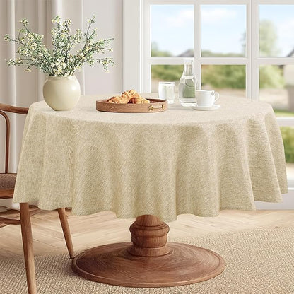 JIUZHEN Faux Linen Round Tablecloths 102 inch, Decorative Wrinkle Free Texture Rustic Circle Table Cloth Cover for Kitchen, Dining, Party, Wedding, Outdoor Use (102 Inch Round,Beige)