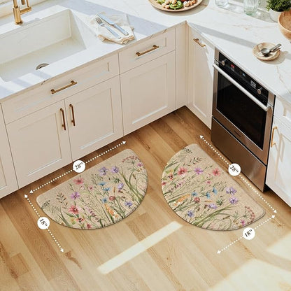 KIMODE Kitchen Mats for Floor Anti Fatigue, 18"x28" Half Round Cushioned Kitchen Floor Mats, Ergonomic Waterproof Standing Mats, Boho Kitchen Rugs Sets of 2 Non Skid for Laundry Office Light Brown