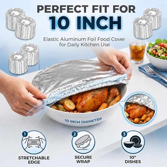 Reusable Aluminum Foil Food Covers Elastic Insulated Bowl Lids 10 Inches | - Image 2