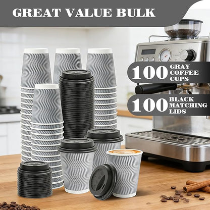 Ginkgo 100 Pack To Go Paper Coffee Cups With Lids, 8 oz Disposable Double-Walled Ripple Insulated Hot Cups for Hot Drinks, Lattes, Travel Cups, Small, Gray