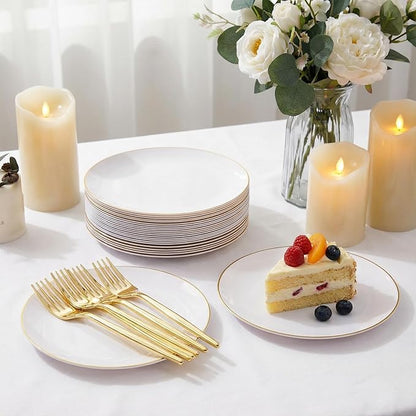 Rubtlamp 200Pcs Gold Plastic Dessert Plates,White Appetizer Platos with Gold Disposable Forks, Fancy Small Dessert/Cake Plates Include 100pcs 7.5" Salad Platos, 100pcs 7.6" Plastic Forks for Party