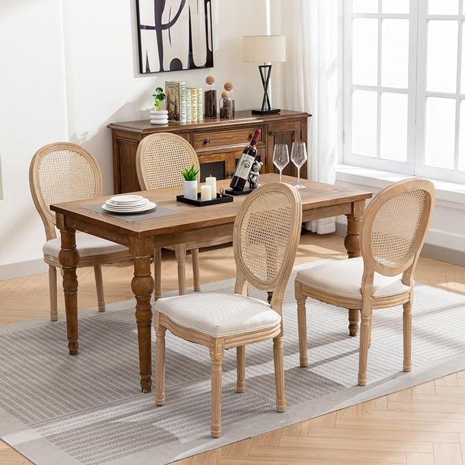 Ball & Cast French Vintage Upholstered Dining Chairs Set of 2, Antique Painting Wooden Kitchen Side-Chairs with Rattan Back & Carved Solid Wood Frame, 2-Piece Curved Backrest Louis Chair, Beige