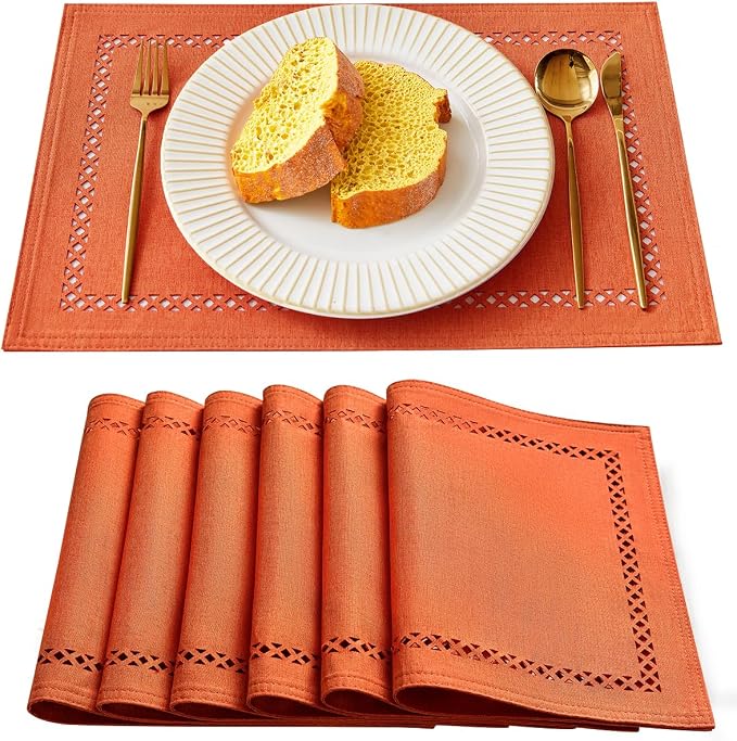 Orange Burlap Place Mats, Fall Placemats Set of 6, 12 x 18 Inch | Double Layer by Aoztio