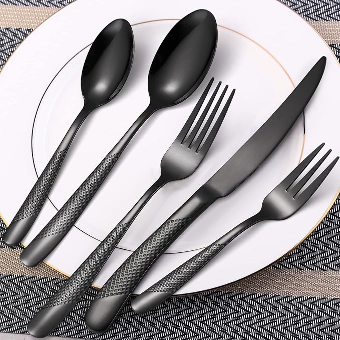 20-Piece ​Modern Black Hammered Silverware Set, 18/10 Stainless Steel Flatware - Image 5