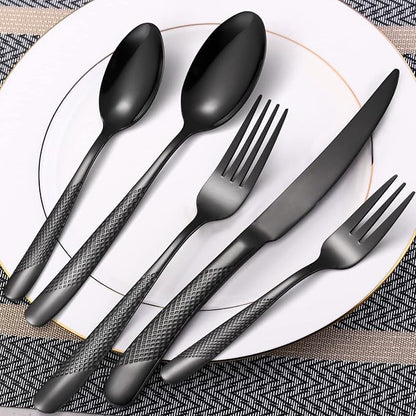 20-Piece ​Modern Black Hammered Silverware Set, 18/10 Stainless Steel Flatware - Image 5