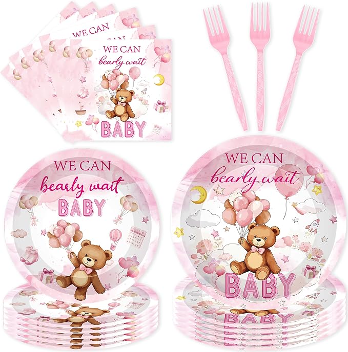 96 Pcs We Can Bearly Wait Baby Shower Decorations, Bear Tableware Set | by EoBeCy