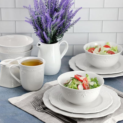 Elama Henryi 16 Piece Embossed Rim Detail Porcelain White Dinnerware Set - Image 7