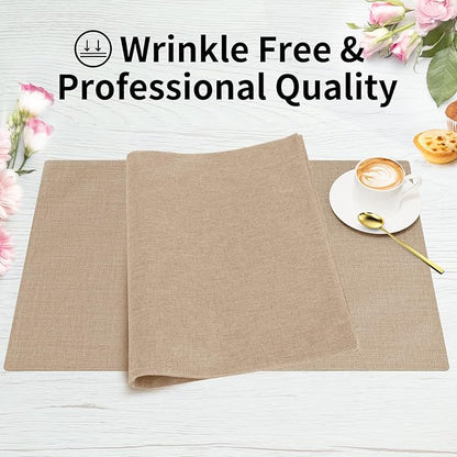 Cloth Placemats, Set of 4 Heat-Resistant Cotton Linen Blend Double Layered Machine Washable Place Mats, Wrinkle Free Thick Fabric Dining Table Mats for Indoors & Outdoors (Light Linen, 4)