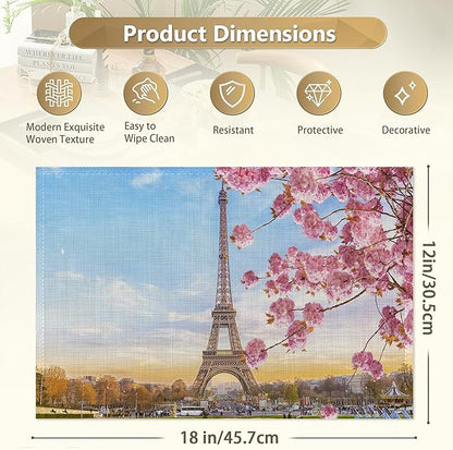 Eiffel Tower Placemats Set of 6 Linen Washable, Heat-Resistant 12x18 Inch Cherry Blossoms Table Place Mats for Kitchen Dining for Home Party Holidays