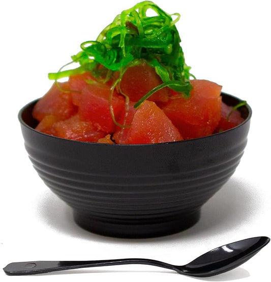 50 Pack 3 oz. Asian-Style Black Mini Plastic Bowl With Spoons | Appetizer Bowls and Disposable Dessert Bowls | Professional-Grade Recyclable | Mini Dessert Cup for Appetizers | CMJJ