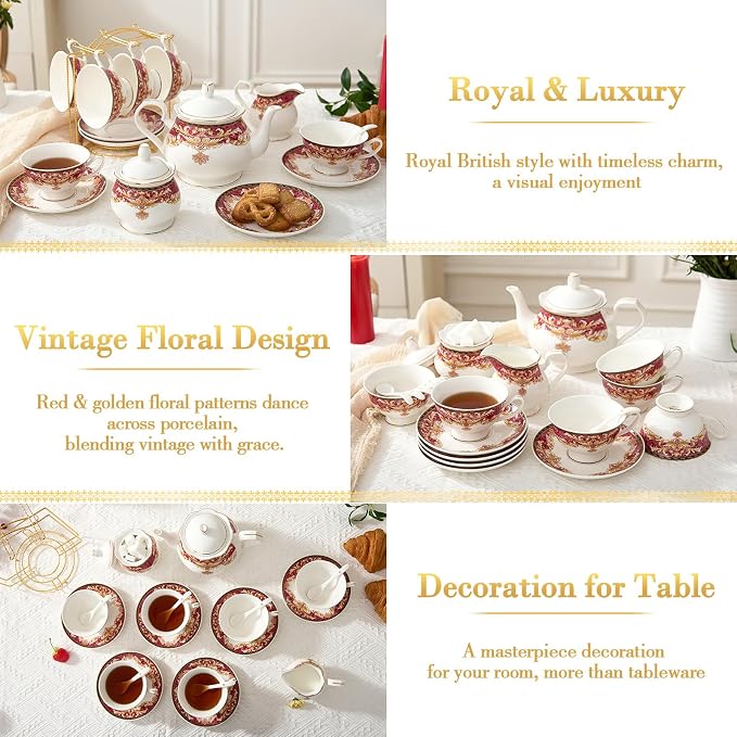 DUJUST 22 pcs Royal Vintage Porcelain Tea Set - Image 4