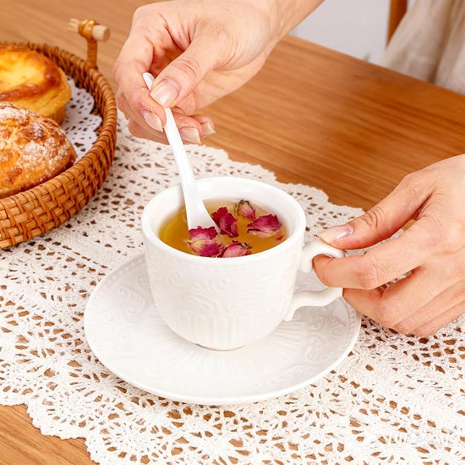 ZAVOOS Tea Cup and Saucer Set of 6, 6 Oz Small Vintage Porcelain Tea Cup - Image 5