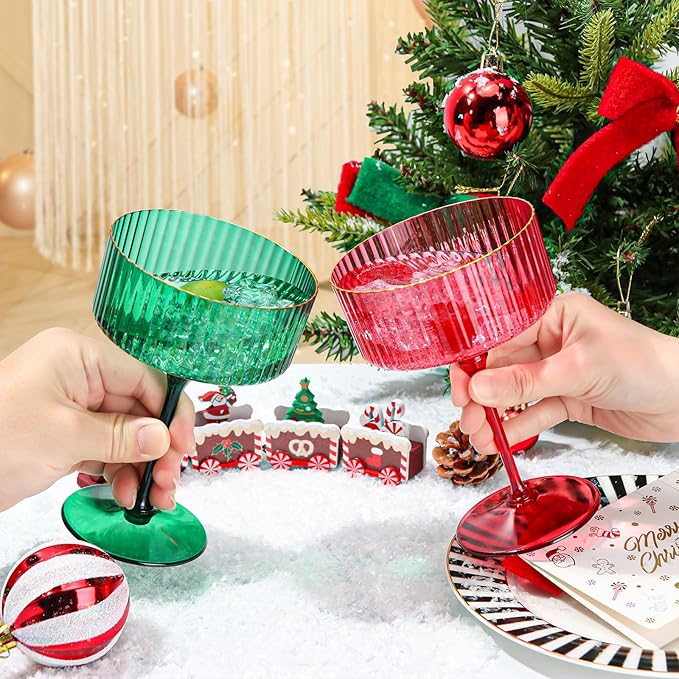24 PCS Plastic Ribbed Martini Glasses 10 oz Detachable Gold Rim Red Ribbed Coupe Glasses Vintage Christmas Martini Cocktail Glass for Bar,Margarita,Gin,Tequila, Desserts and Snacks