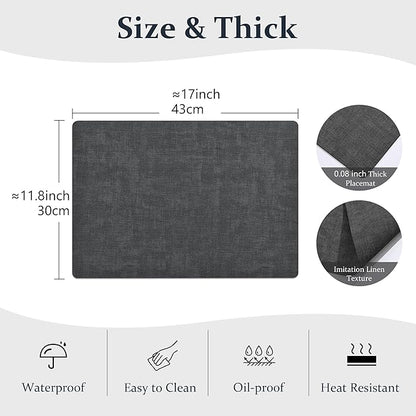 FROMHEART Faux Leather Placemats Set of 6–Waterproof,Heat/Oil Stain-Resistant PU Table Mat–Reversible,Non-Slip,Easy to Clean Place Mats for Kitchen,Dining,Indoor/Outdoor,(Dark Grey,11.8" x 17")