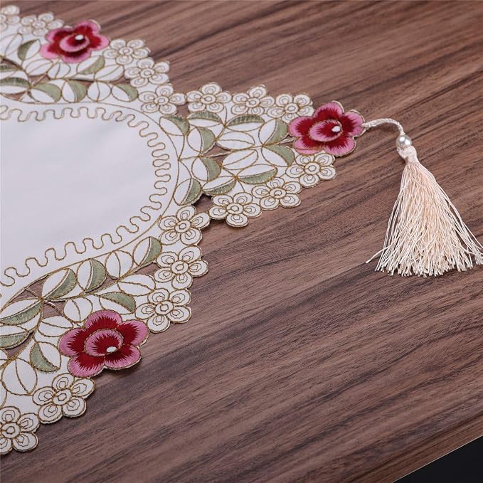 LeLehome 15 Inch X 104 Inch Classic Table Runner Flowers Embroidered Lace Beige - Image 9