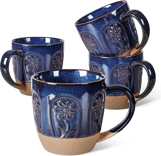 Artena Ceramic Coffee Mugs Set of 4, 16oz Embossed Large Latte Mugs Coffee Cups by Artena