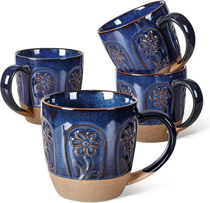 Artena Ceramic Coffee Mugs Set of 4, 16oz Embossed Large Latte Mugs Coffee Cups by Artena