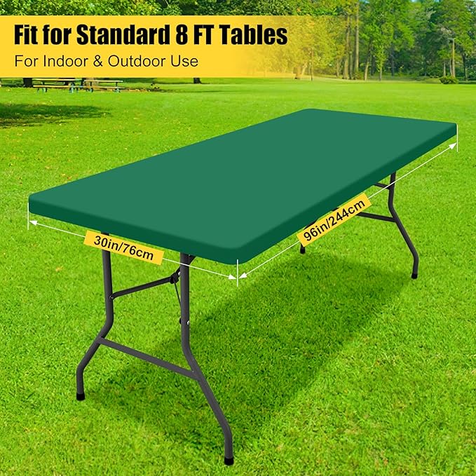 Smiry Rectangle Tablecloth, Elastic Fitted Flannel Backed Vinyl Tablecloths for 8ft Folding Tables, Waterproof Wipeable Table Covers for Indoor, Outdoor, Picnic and Camping (Emerald Green, 30"x96")