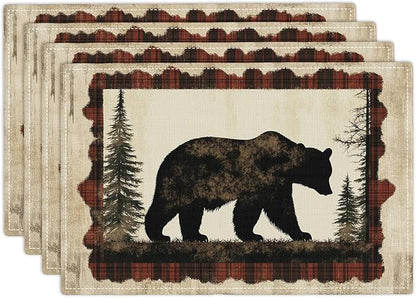 Bear Placemats Set of 4, Farmhouse Cabin Place Mats, Country Rustic Wild Animal Waterproof Washable Table Mats for Home Party Indoor Kitchen Dining Table Decoration 12x18 Inch
