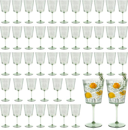48 PCS Green Plastic Wine Glasses with Removable Stems 13.5 Oz Ribbed Wine Glasses Square White Wine Glass Muted Pastel Colors Goblets Elegant Fluted Glassware for Wedding Anniversary Birthday