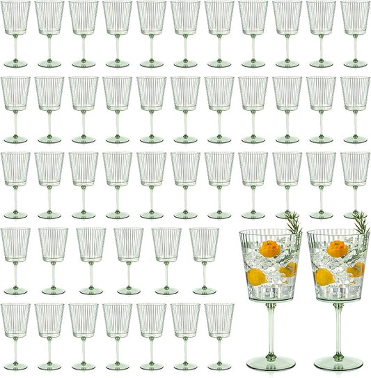 48 PCS Green Plastic Wine Glasses with Removable Stems 13.5 Oz Ribbed Wine Glasses Square White Wine Glass Muted Pastel Colors Goblets Elegant Fluted Glassware for Wedding Anniversary Birthday