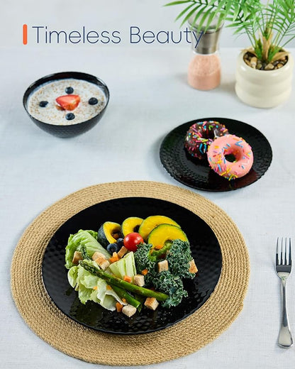 7.5 inch Appetizer Plate Set of 6, Opal Glass Round Geometric Faceted Small Black Plates for Salad Dessert, Kitchen, Dishwasher and Microwave Safe