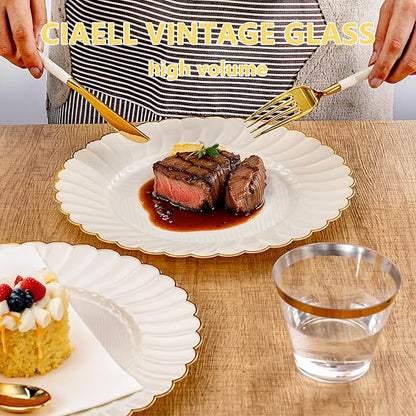 Ciaell 175 PCS Ivory Scalloped Plastic Plates - Gold Disposable Plates Fancy High-end Dinnerware Sets for Wedding & Party (25 Guests)