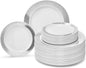 OCCASIONS 120 Plates Pack,(60 Guests) Heavyweight Premium Wedding Party Disposable Plastic Plates Set -60 x 10.5'' Dinner + 60 x 7.5'' Salad/Dessert (Diamond White & Silver)