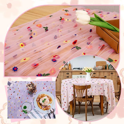 BINBE 1pcs Pink Daisy Spring Table Runner Embroidery Gauze 10FT Florals - Image 8