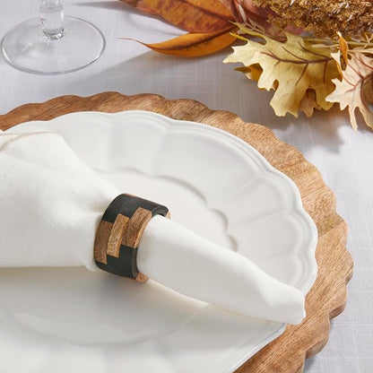 SARO LIFESTYLE Mango Wood & Resin Napkin Rings – Modern Block Pattern - Image 3