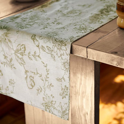 jinchan Green Floral Linen Table Runner 13 x 90 Inch Farmhouse | Rustic - Image 2