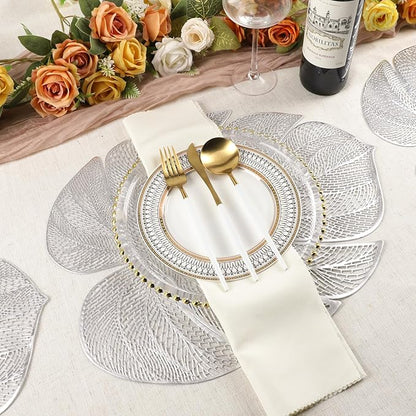 Evevda Silver Leaf Shaped Vinyl Placemats for Dinner Table Set of 8 Metallic Plastic Place Mats Wipeable 8Pcs Table Mats for Wedding Annersary Dinner Table Decoration Mats(17.7x13.8inch/45x35cm)…
