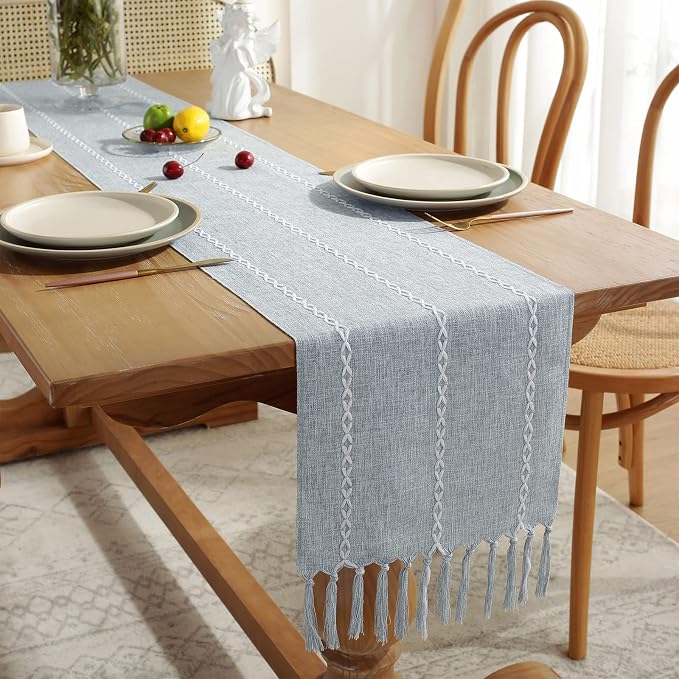 Wracra Rustic Linen Table Runner, Dusty Blue Table Runners 72 inches Long | - Image 2