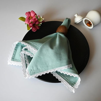 Fingercraft Dinner Cloth Napkin Cotton Linen Blend 12 Pack Mitered Corners with Elegant Lace for Everyday Use Napkins are Pre Shrunk and Good Absorbency (Aqua, 12in x 12in)