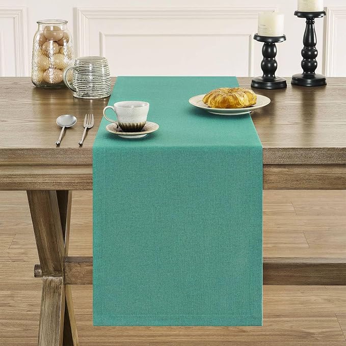 Basic Linen Style Table Runner, 14x48 Inch Teal | Mitered Corner Design - Image 2