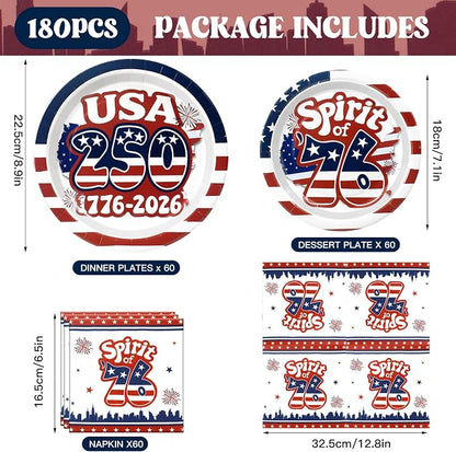 180Pcs 4th of July paper Plates and Napkins Party Supplies, Serve 60 | - Image 2
