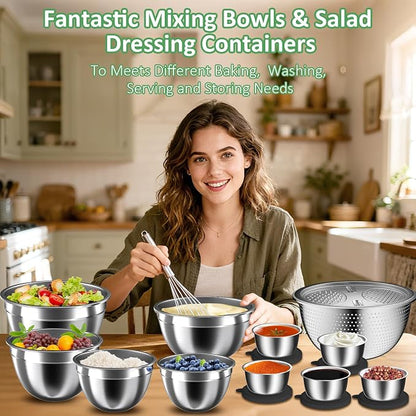 Mixing Bowls with Lids Set, Metal Salad Bowls with Colander, Grater & Dressing - Image 4