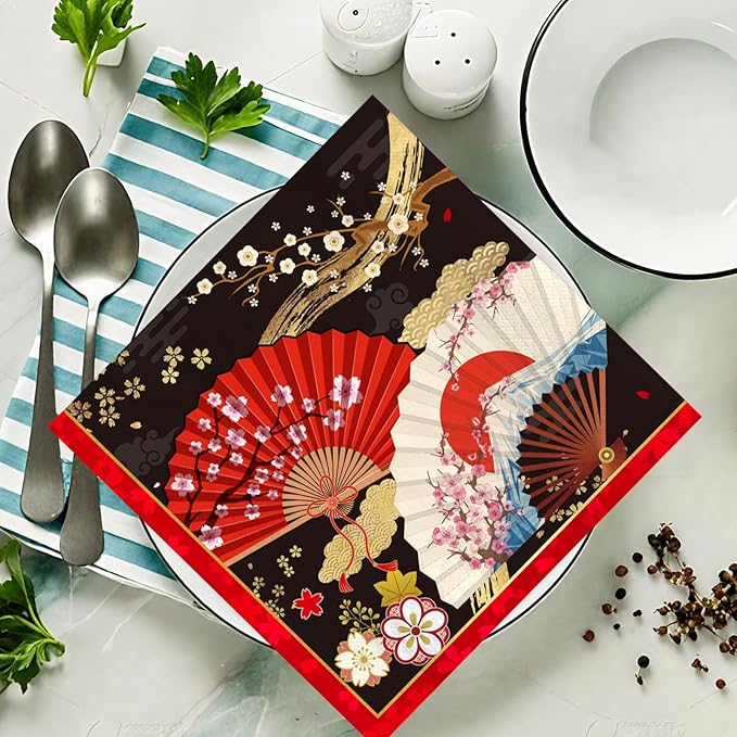 Japanese Hibachi Party Decorations, 50 Sheets Hibachi Party Napkins Supplies Disposable, Asian Japanese Style Paper Fans Paper Supplies Decor for Birthday Size 6.5 Inch