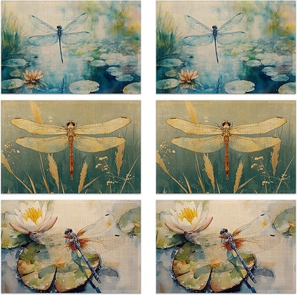 Table Placemats Set of 6, Waterproof Linen Fabric, Non-Slip Backing & Easy Clean, Elegant Dining Table Protectors for Family and Guests(Watercolor Dragonfly)