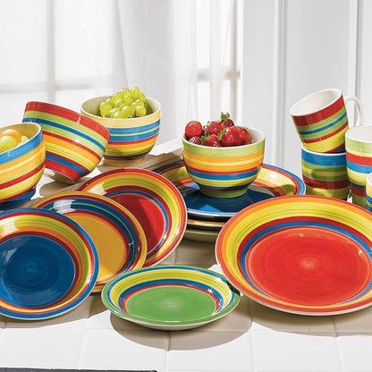 BrylaneHome 16 Piece Santa Fe Dinnerware Set (Service for 4), Includes Dinner & Salad or Dessert Plates, Bowls, Mugs, Colorful Stripe Southwestern Fiesta Pattern - Multi Stripe