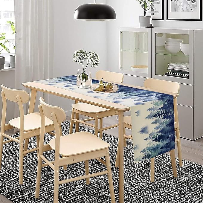 Watercolor Blue Pine Trees Table Runner, Forest Woodland Tabletop Scarf Home - Image 3