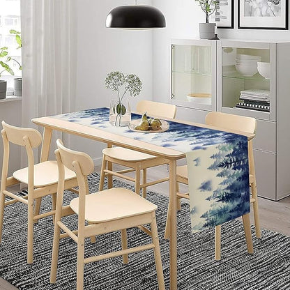 Watercolor Blue Pine Trees Table Runner, Forest Woodland Tabletop Scarf Home - Image 3