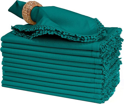 Bedding Craft Cotton Cloth Dinner Napkins Set of 12 – 18x18 Funfare with Decorative Lace Selvedge – Elegant Machine Washable Fabric Napkins for Weddings, Baby Showers, Parties & Dining