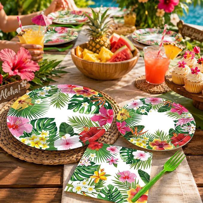 100 Pcs Tropical Luau Party Supplies Set, Serves 25 – Disposable Hibiscus - Image 6