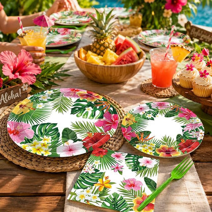 100 Pcs Tropical Luau Party Supplies Set, Serves 25 – Disposable Hibiscus - Image 6