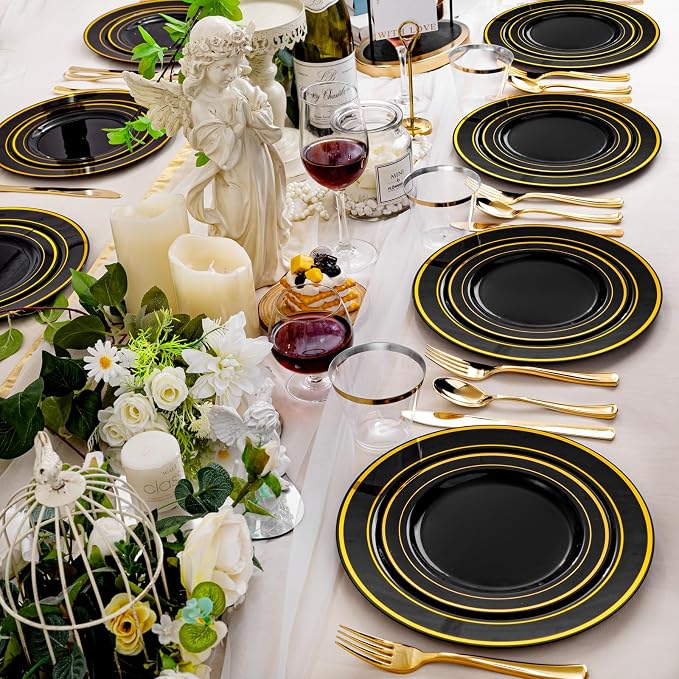 bUCLA 300PCS Black and Gold Disposable Dinnerware Set - Image 8