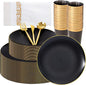 EI 350Pcs Black and Gold Matte Frosted Plastic Plates Disposable Heavy Duty,Dinnerware Set for Party Include 100 Disposable Plates,150 Silverware,50 Napkins,50 Cups for Party/Wedding/Events,Hotel