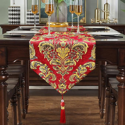 Burgundy Chenille Table Runner 98" Embellished Jacquard - Image 7