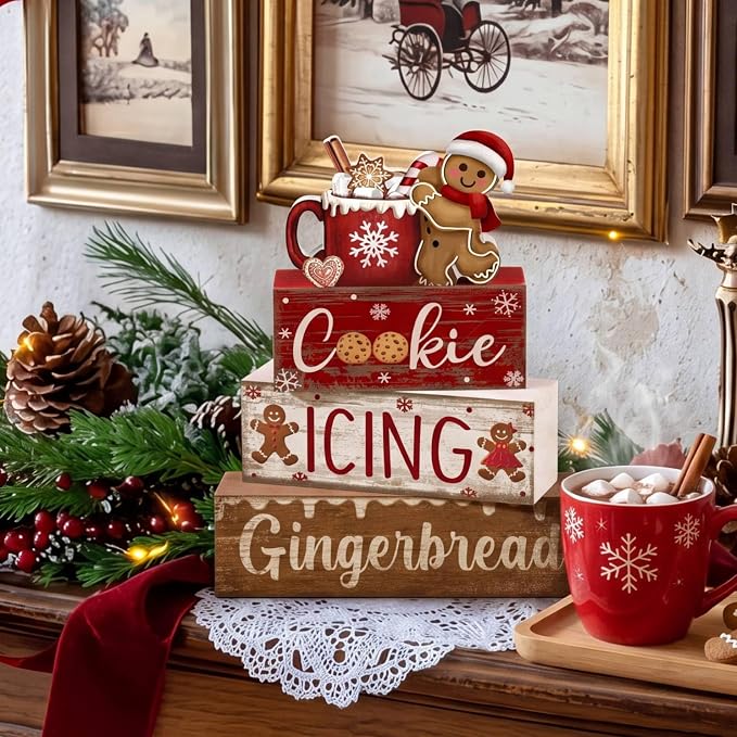 Moucuny 4 Pcs Christmas Table Decor Wooden Gingerbread Cocoa Decoration - Image 2