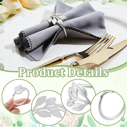 Peacoblue 60Pcs Sliver Leaf Napkin Rings Holders Modern Stainless Steel Napkin Ring Holders for Table Decor Settings, Vintage Napkin Ring for Wedding Christmas Thanksgiving Day Party